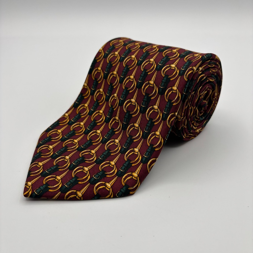 Brooks Brothers Makers Silk Tie Burgundy Gold Equestrian Bit Pattern Necktie